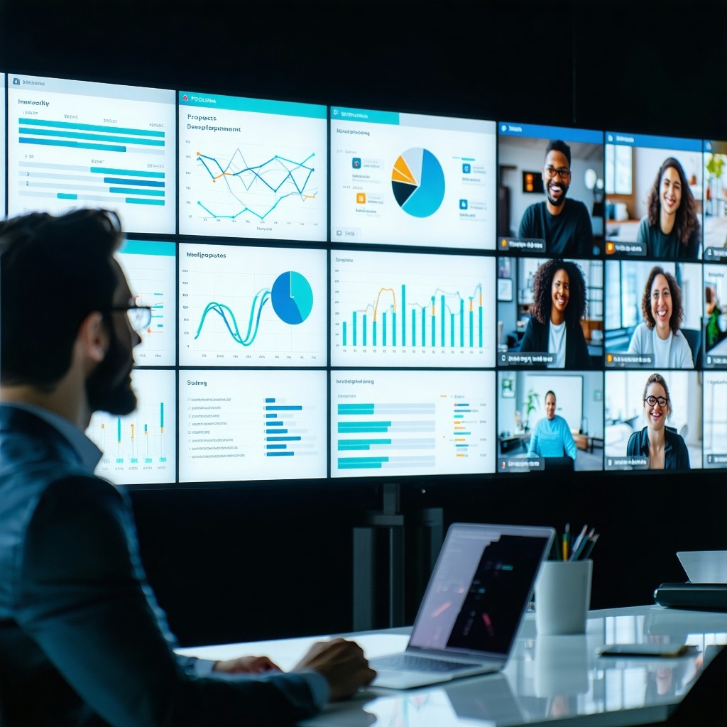 A business environment with a team of professionals analyzing data on large hightech screens A business development representative BDR is engaging with prospects via video calls and chat interfaces The setting includes charts graphs and messaging pro-1