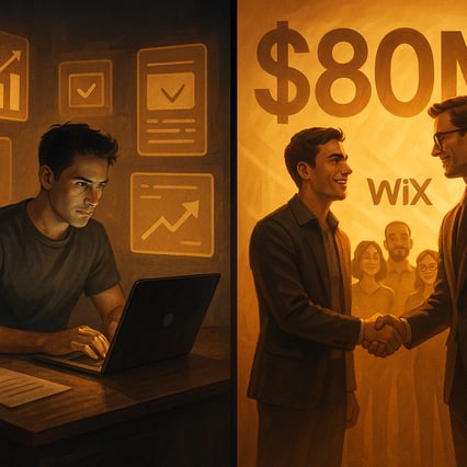 A cinematic inspirational digital illustration split into two connected scenes On the left a determined solo founder works at a sleek laptop in a modest workspace surrounded by glowing charts and app screens that symbolize growth and profitability On