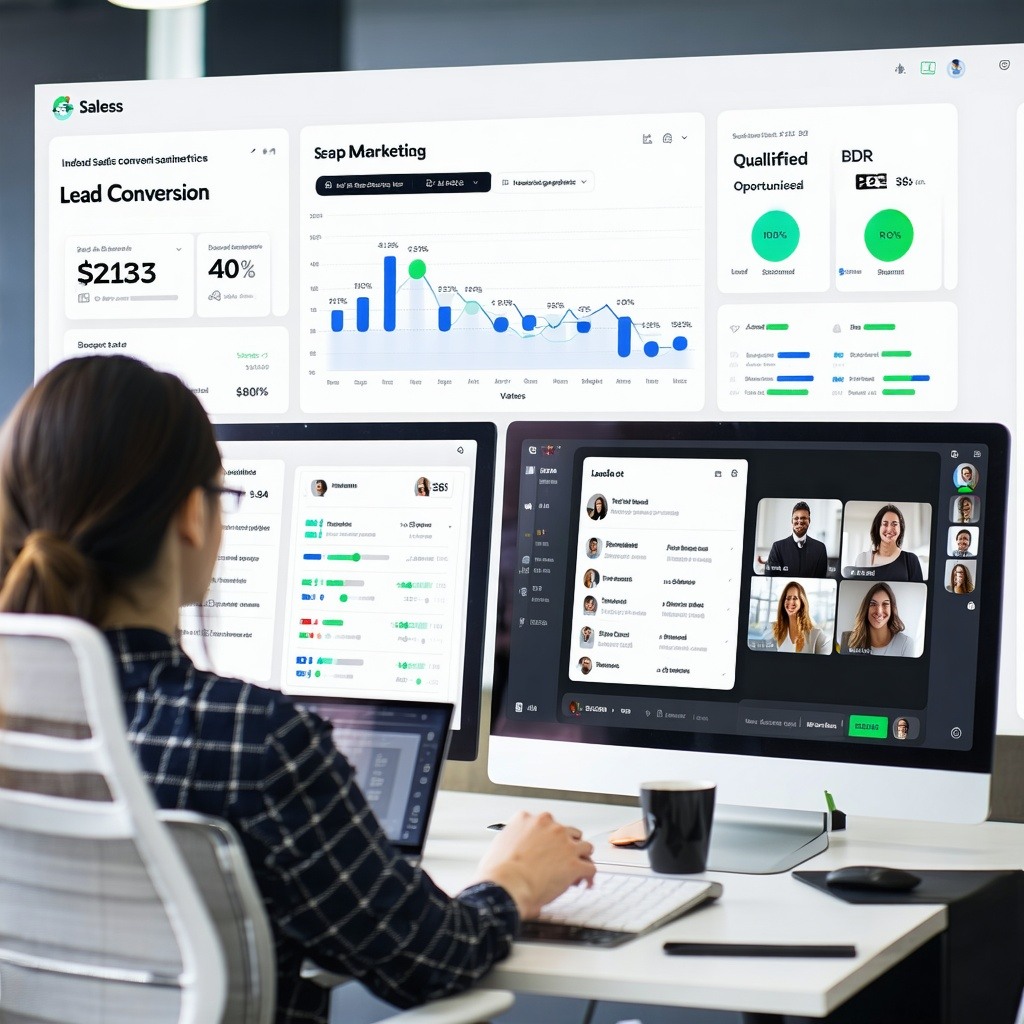 A modern sales and marketing dashboard displaying lead conversion metrics with prospects visually moving through a sales funnel from initial web traffic to qualified opportunities A BDR is seen engaging with inbound leads via chat and video calls nur