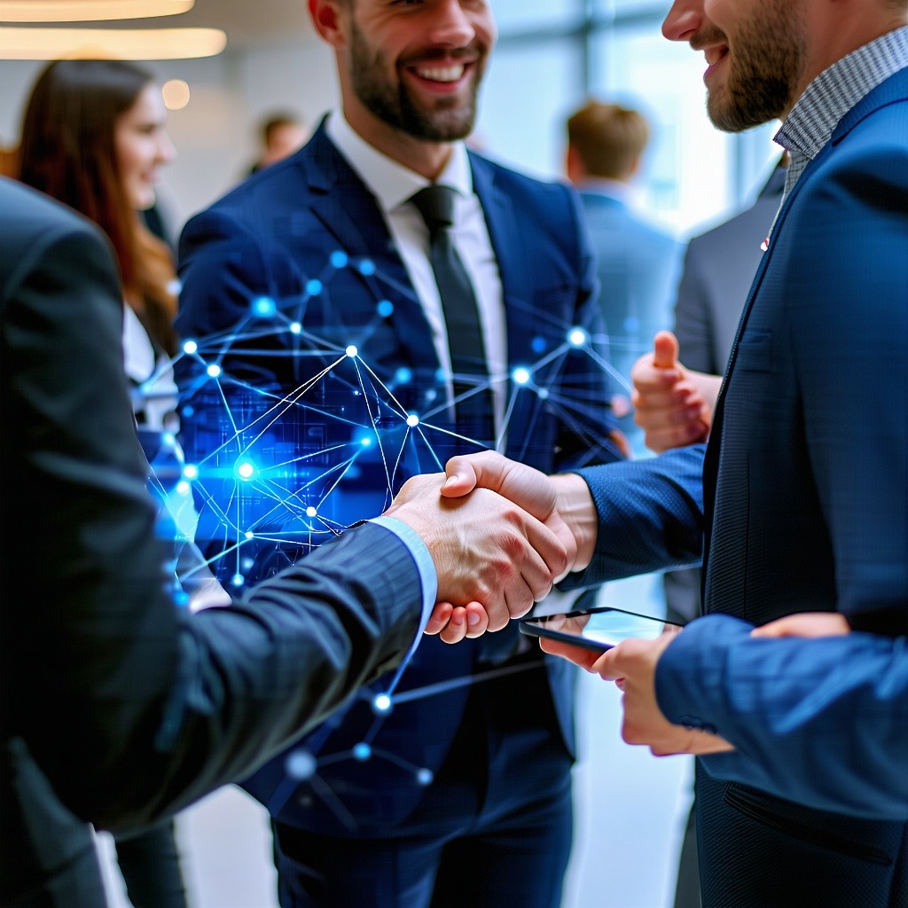 A professional networking event in a sleek modern venue where business professionals are engaged in meaningful conversations Visual cues highlight connections being madelines or glowing nodes linking individuals to symbolize partnerships A central fi-1