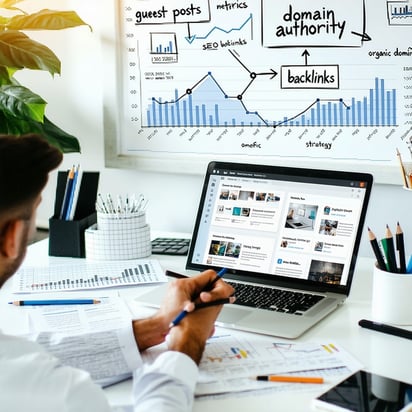 A realistic office scene showing a content marketer writing a guest blog on a laptop with printed articles and open browser tabs displaying different niche websites In the background a whiteboard or digital dashboard displays a Domain Authority graph