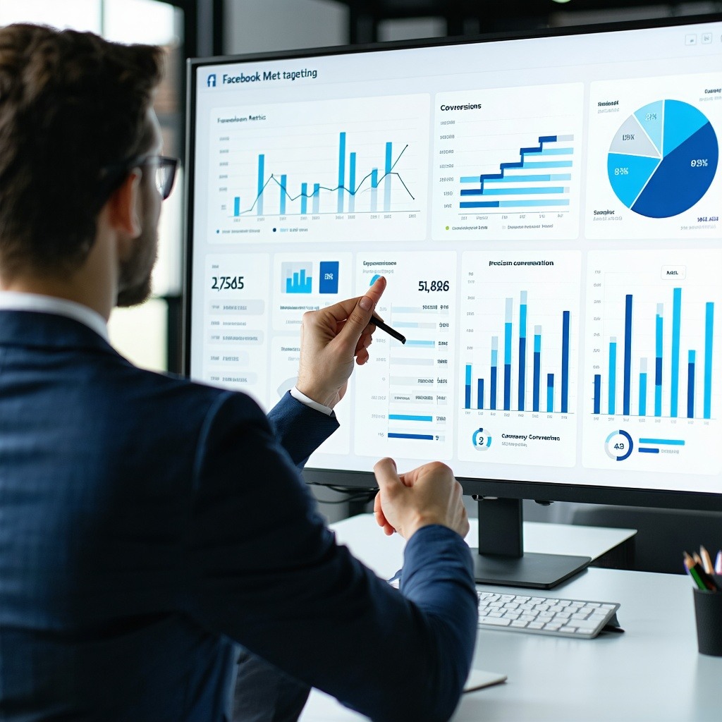 Create a modern B2B marketing showcasing a team of professionals analyzing a facebook meta dashboard with campaign metrics Show successful lead generation with graphs depicting increasing conversions Include visual elements representing precision tar