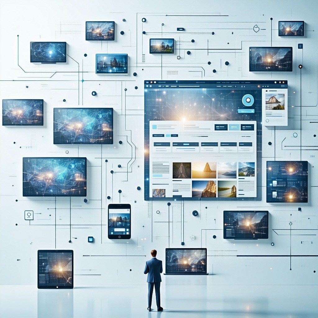 Design a futuristic marketing visualization of a retargeting and nurturing process Depict a web visitor being reengaged through personalized digital ads across devices Include dynamic content such as product recommendations and thought leadership art-1