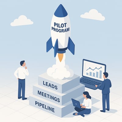 Flat 2D isometric illustration of a small stable rocket labeled Pilot Program launching from a clearly structured base with labeled indicators Leads Meetings Pipeline The scene should be optimistic and clean with a clear sky and soft digital shadows-1