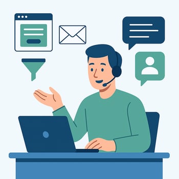 Flatstyle vector illustration of a Sales Development Representative SDR sitting at a desk with a laptop talking to a potential customer via email or chat bubbles The background should include simple icons representing inbound leads like a website for