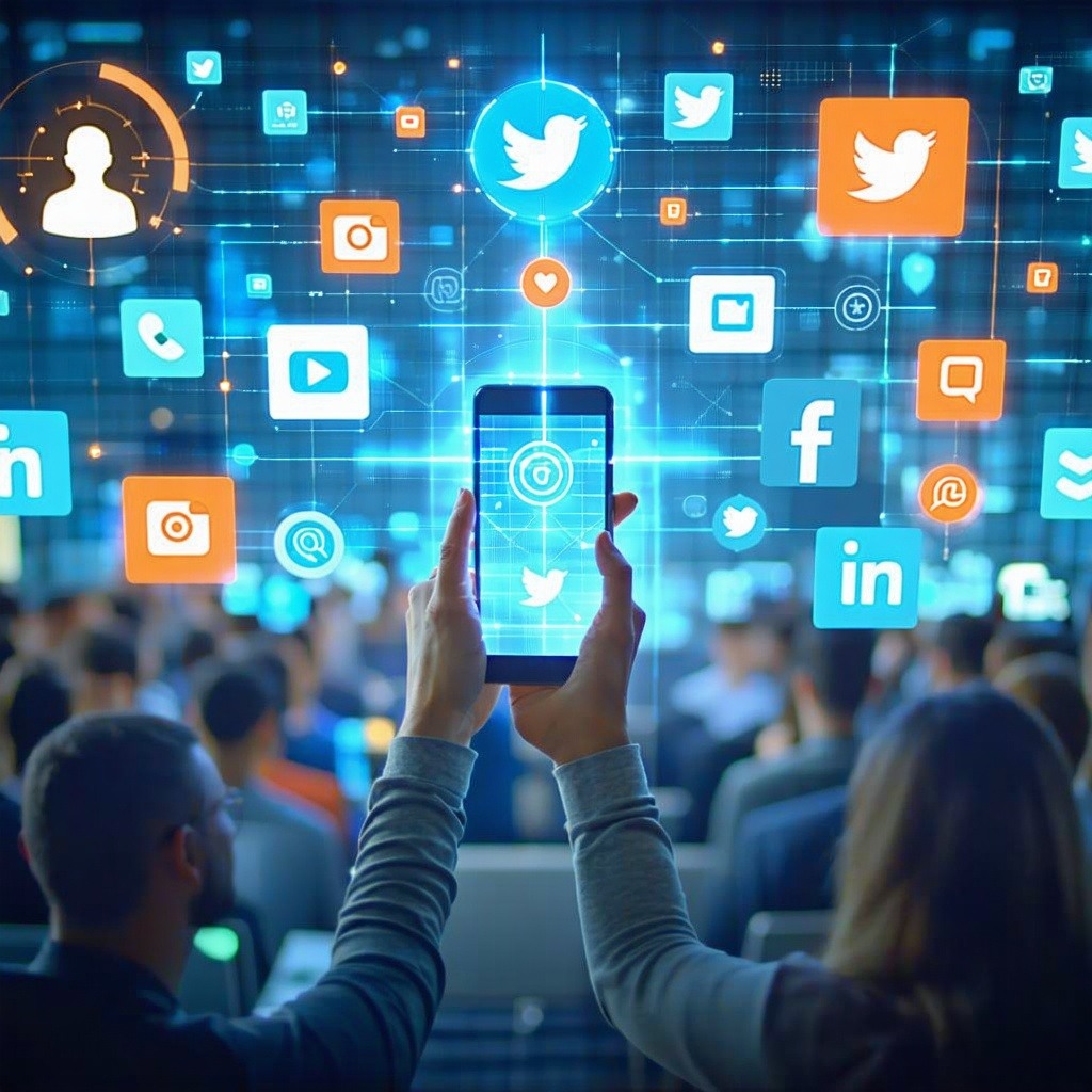 Generate a vibrant B2B digital marketing scene featuring a companys brand reaching a wide audience Visualize brand logos displayed on social media platforms with engagement metrics rising Showcase decisionmakers interacting with thought leadership co-1