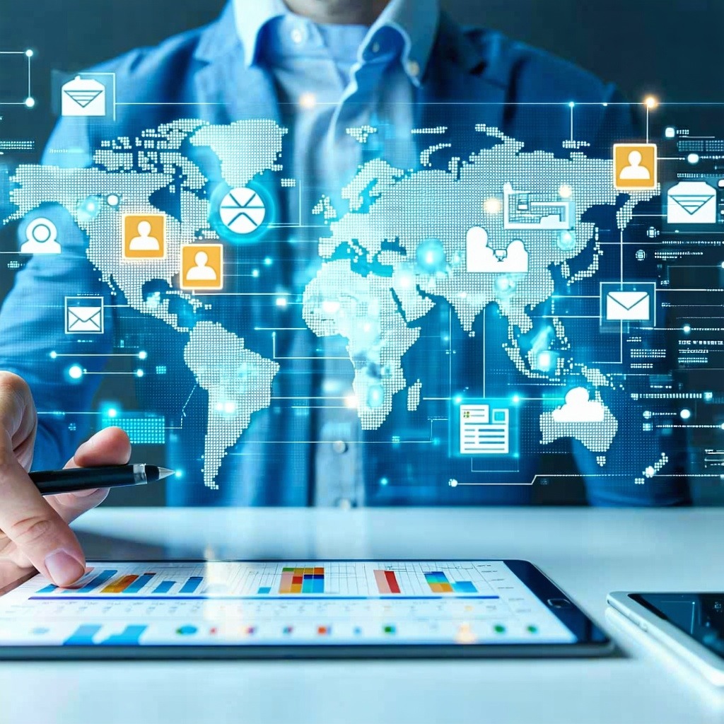 Illustrate a B2B accountbased marketing concept Show a marketer using an AIpowered platform to target specific companies on a digital map with highlighted icons representing key accounts Visualize personalized ad creatives being delivered to executiv-1