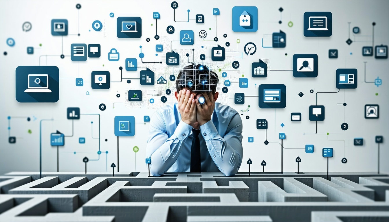 depiction of an overwhelmed ERP consultant surrounded by floating icons of AI search tools like ChatGPT Perplexity Claude fadedout websites and disappearing traffic graphs Include a visual metaphor of a maze or complex web representing long sales cyc