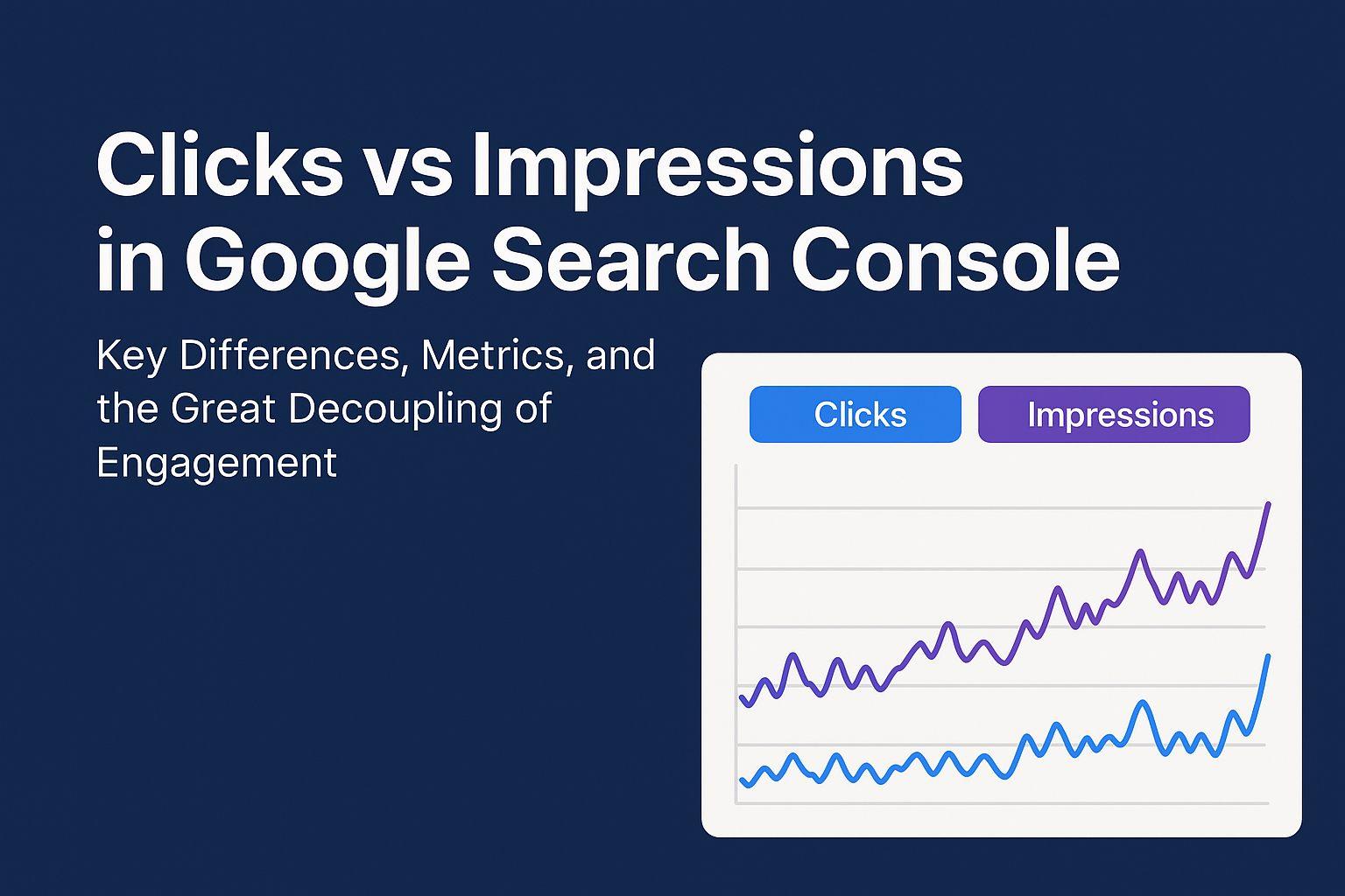 Illustration showing a rising line graph comparing clicks and impressions in Google Search Console, with impressions trending higher than clicks, representing the concept of the Great Decoupling in digital engagement metrics.