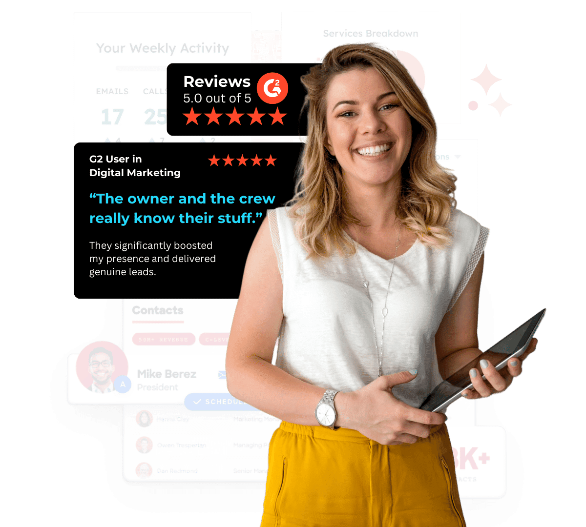 G2 Reviews, woman holding a tablet, digital marketing reviews