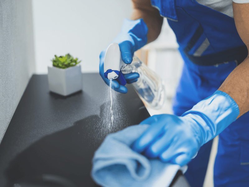 Professional Services, A professional in blue gloves and overalls is diligently cleaning a counter in the digital marketing industry we serve.