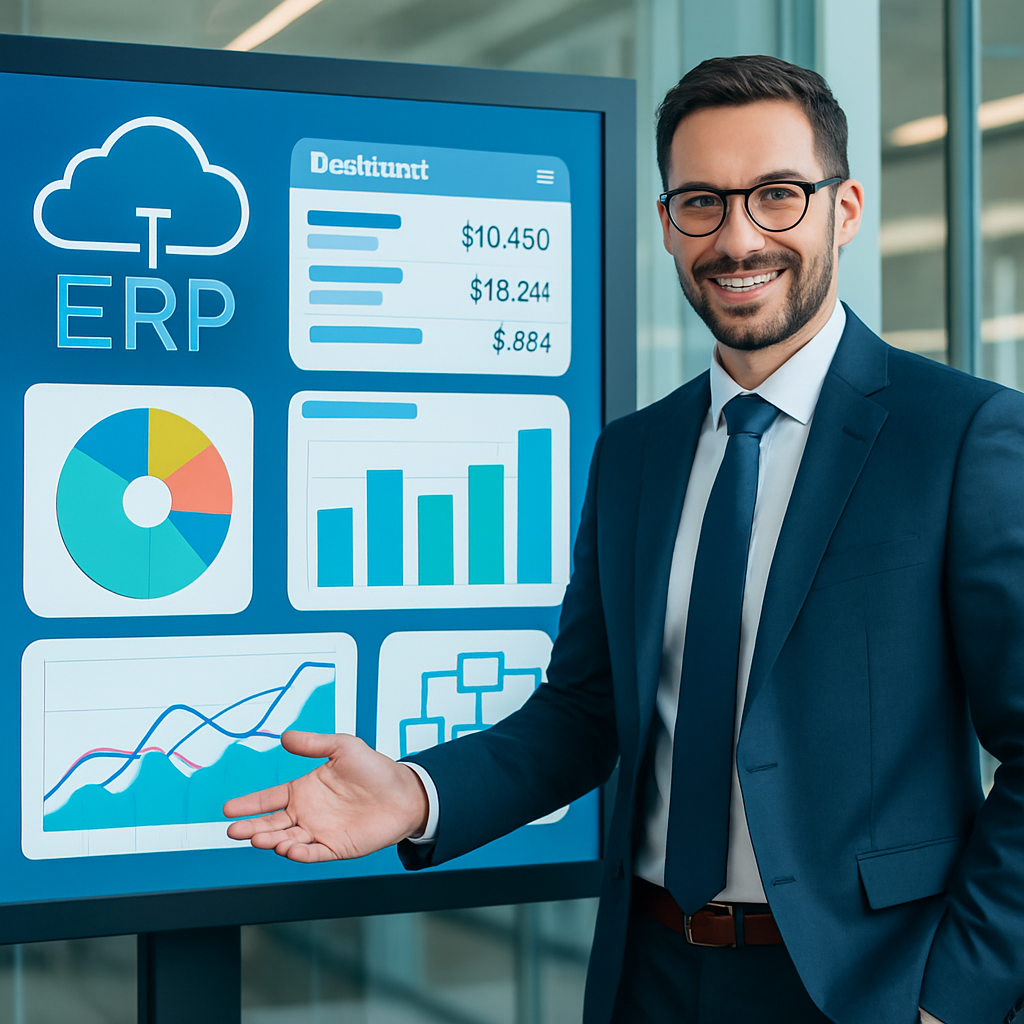 A modern business scene showing a confident ERP consultant presenting data analytics or workflow automation on a sleek digital dashboard The setting is a polished office or boardroom with natural lighting glass walls and professional attire Include v-2