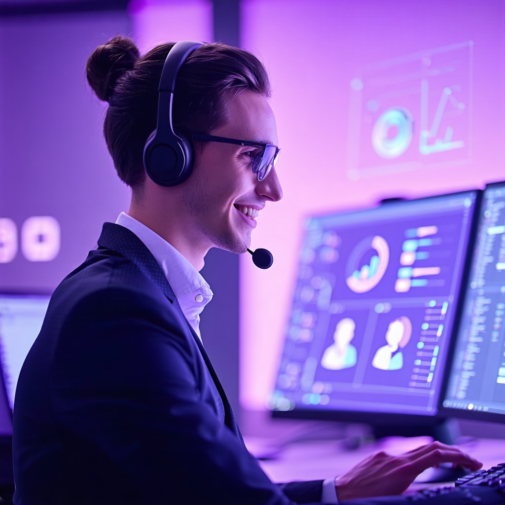 A sleek modern business brochure design with a gradient background in soft purple and lavender tones featuring professional sales development themes Include a smiling diverse business professional wearing a headset in the background faded into the de-3
