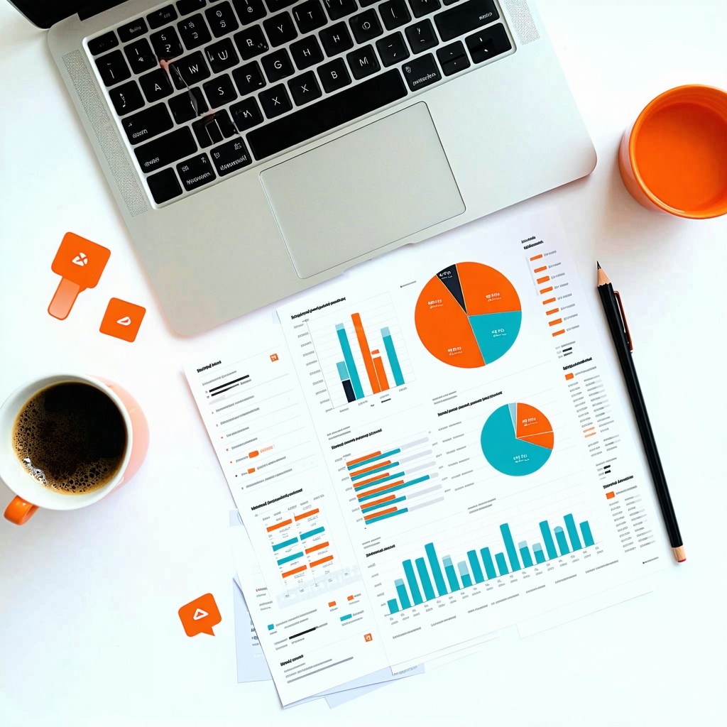 Flat lay of a clean modern marketing brochure on a white desk showing colorful digital charts email campaign wireframes and analytics dashboards labeled with HubSpot branding elements Surrounded by a silver MacBook coffee cup orange pen and a phone w