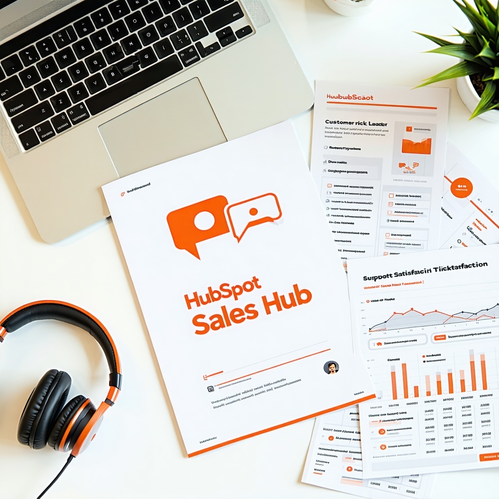 Flat lay of a modern desk with a printed brochure titled HubSpot Sales Hub surrounded by a headset support ticket printouts customer satisfaction charts and a laptop displaying a chat conversation and ticketing dashboard Orange HubSpot branding accen