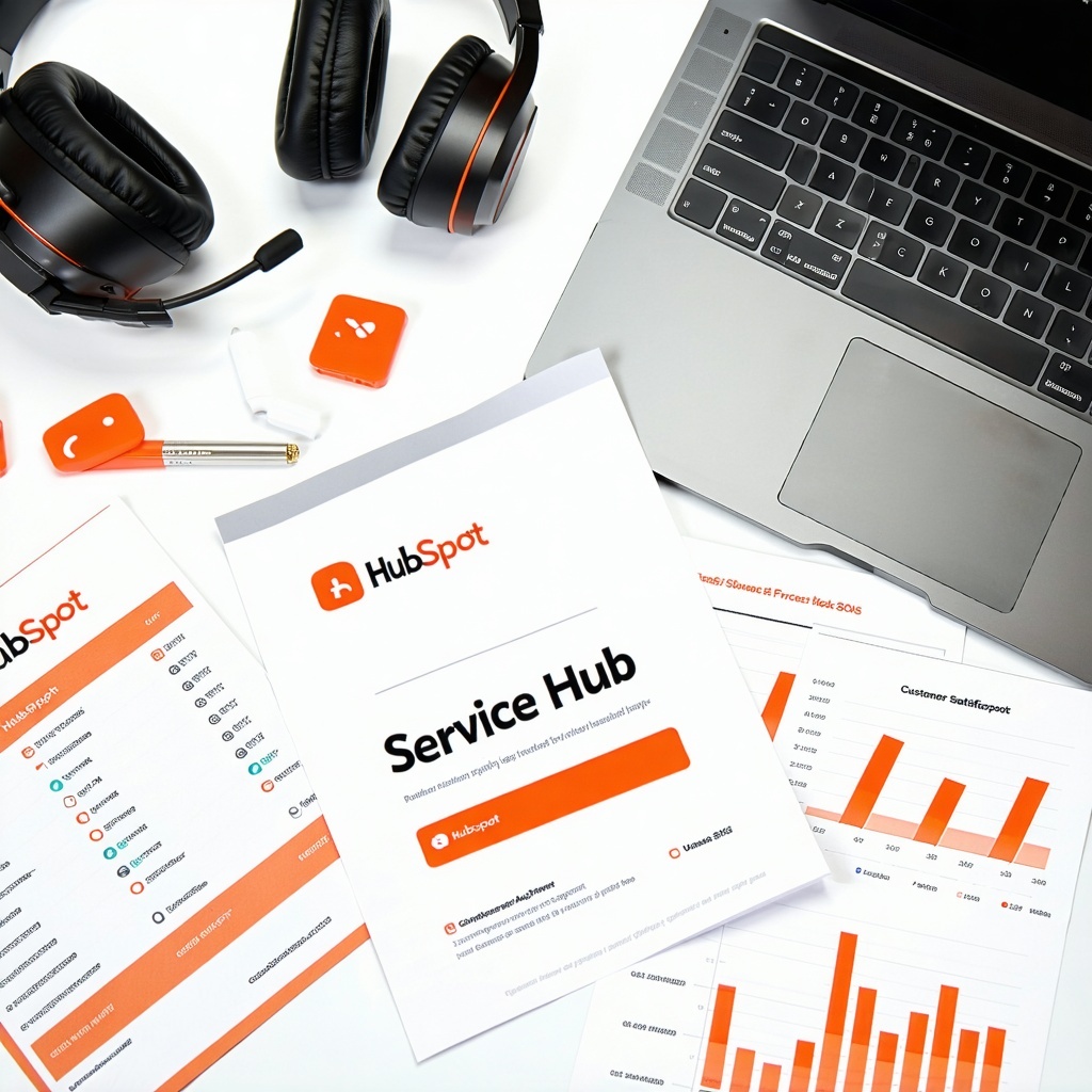 Flat lay of a modern desk with a printed brochure titled HubSpot Service Hub surrounded by a headset support ticket printouts customer satisfaction charts and a laptop displaying a chat conversation and ticketing dashboard Orange HubSpot branding acc