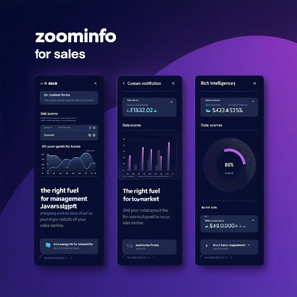 Modern B2B tech software promotional image showcasing a sleek dashboard interface with dark navytopurple gradient background Feature three analytics cards with charts and signal scores labeled Custom HTML Forms Rich Data Notification and Site Managem