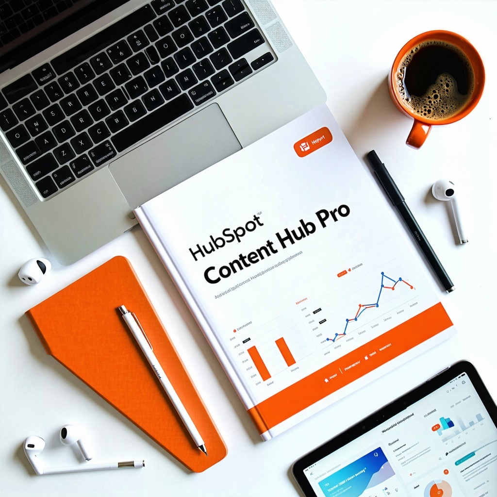 Modern flat lay image of a clean desk setup featuring a sleek brochure labeled HubSpot Content Hub Pro showing mockups of content workflows smart modules and analytics dashboards Surrounded by premium tools MacBook with content editor open tablet wit-1