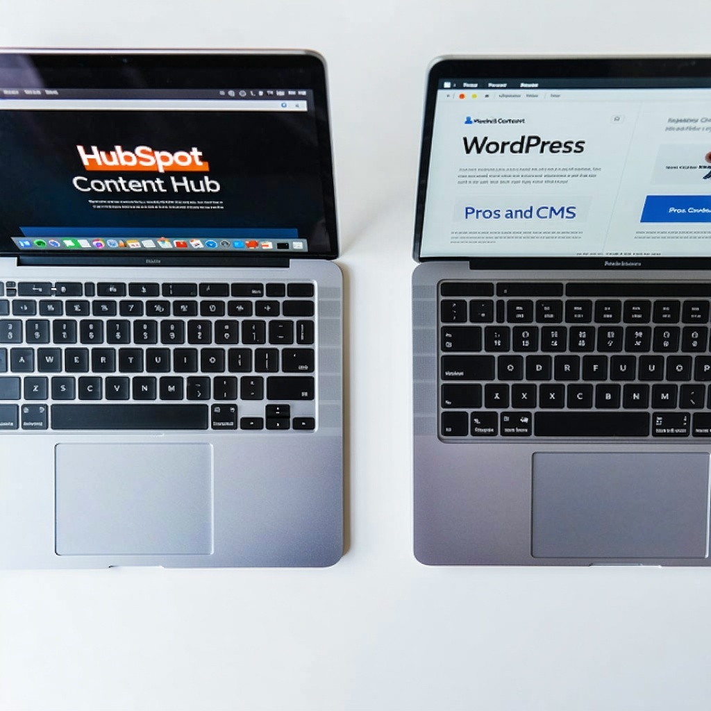 Topdown photo of a workspace desk with two open laptops side by side one showing a clean UI labeled HubSpot Content Hub the other showing a WordPress CMS dashboard Between them lies a comparison chart with pros and cons subtle branding colors orange